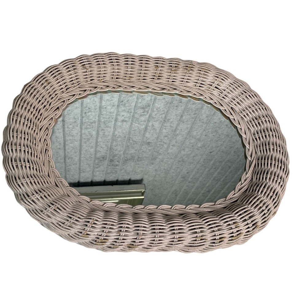 Vintage Oval Wicker Wall Mirror Pale Pink Woven Rattan Cottagecore Boho 16x12 - Picture 11 of 13
